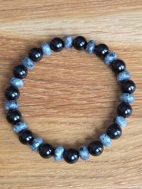 Gray Larvikite & Black Onyx Beads Bracelet, Stretch, Hand Crafted